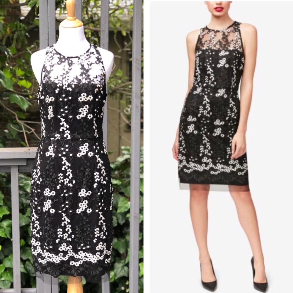 Betsey Johnson Floral Embroidered Lace Mesh Black White  Sheath Dress size 4